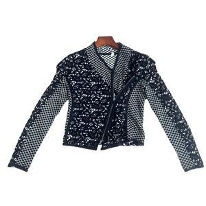 Anthropologie Moth Jacket Women XXS  Black Jacquard Asymmetrical Moto Zip Lace